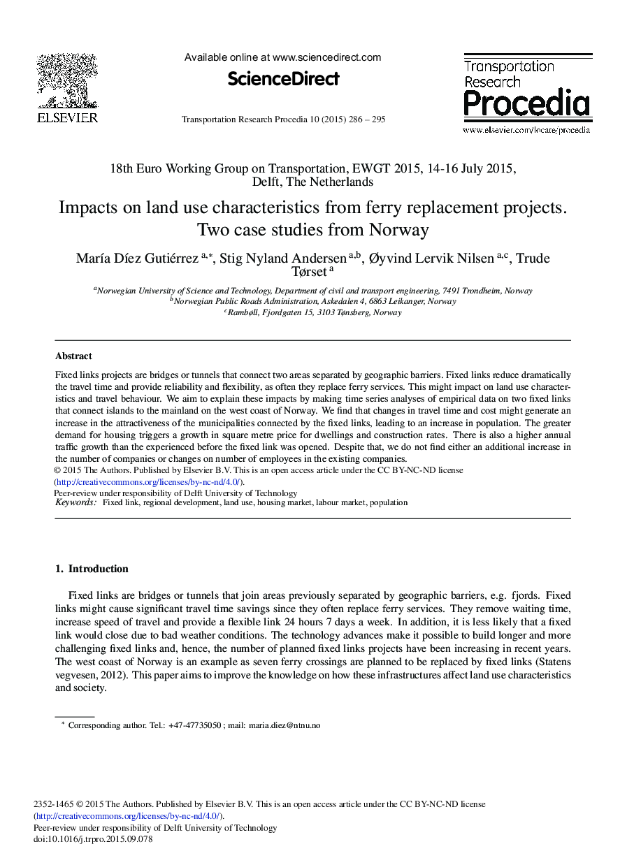 Impacts on Land use Characteristics from Ferry Replacement Projects. Two Case Studies from Norway 