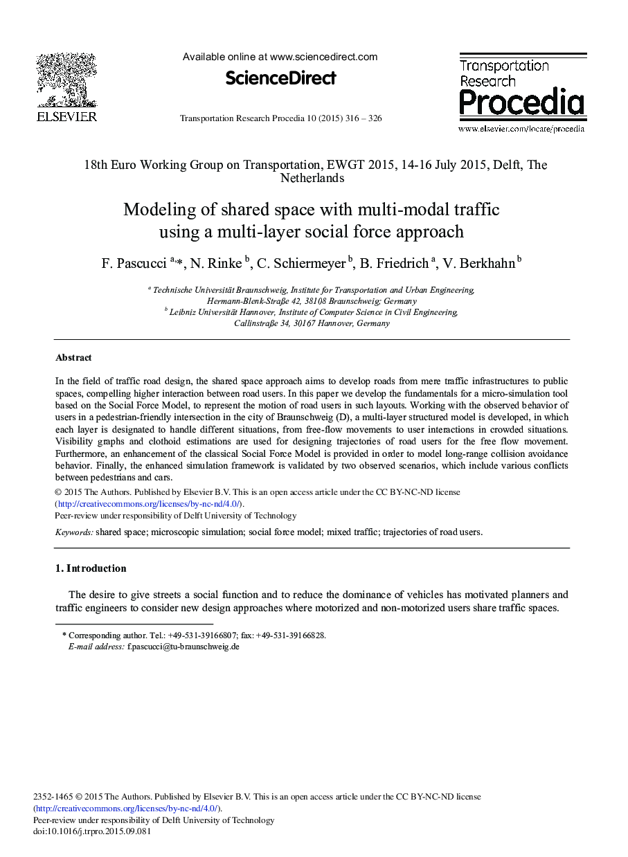 Modeling of Shared Space with Multi-modal Traffic using a Multi-layer Social Force Approach 