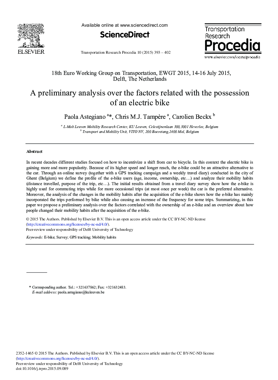 A Preliminary Analysis Over the Factors Related with the Possession of an Electric Bike 