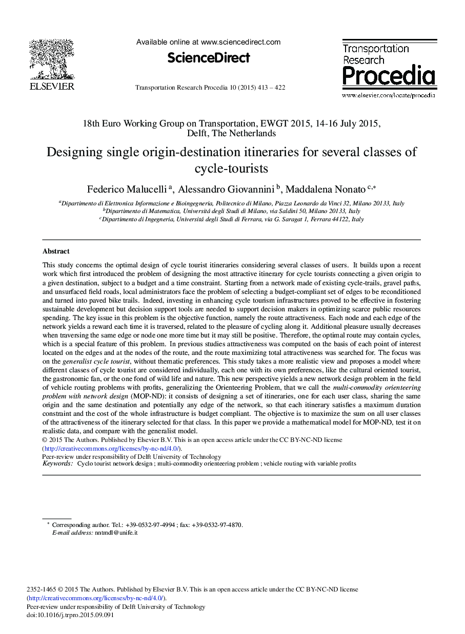 Designing Single Origin-destination Itineraries for Several Classes of Cycle-tourists 