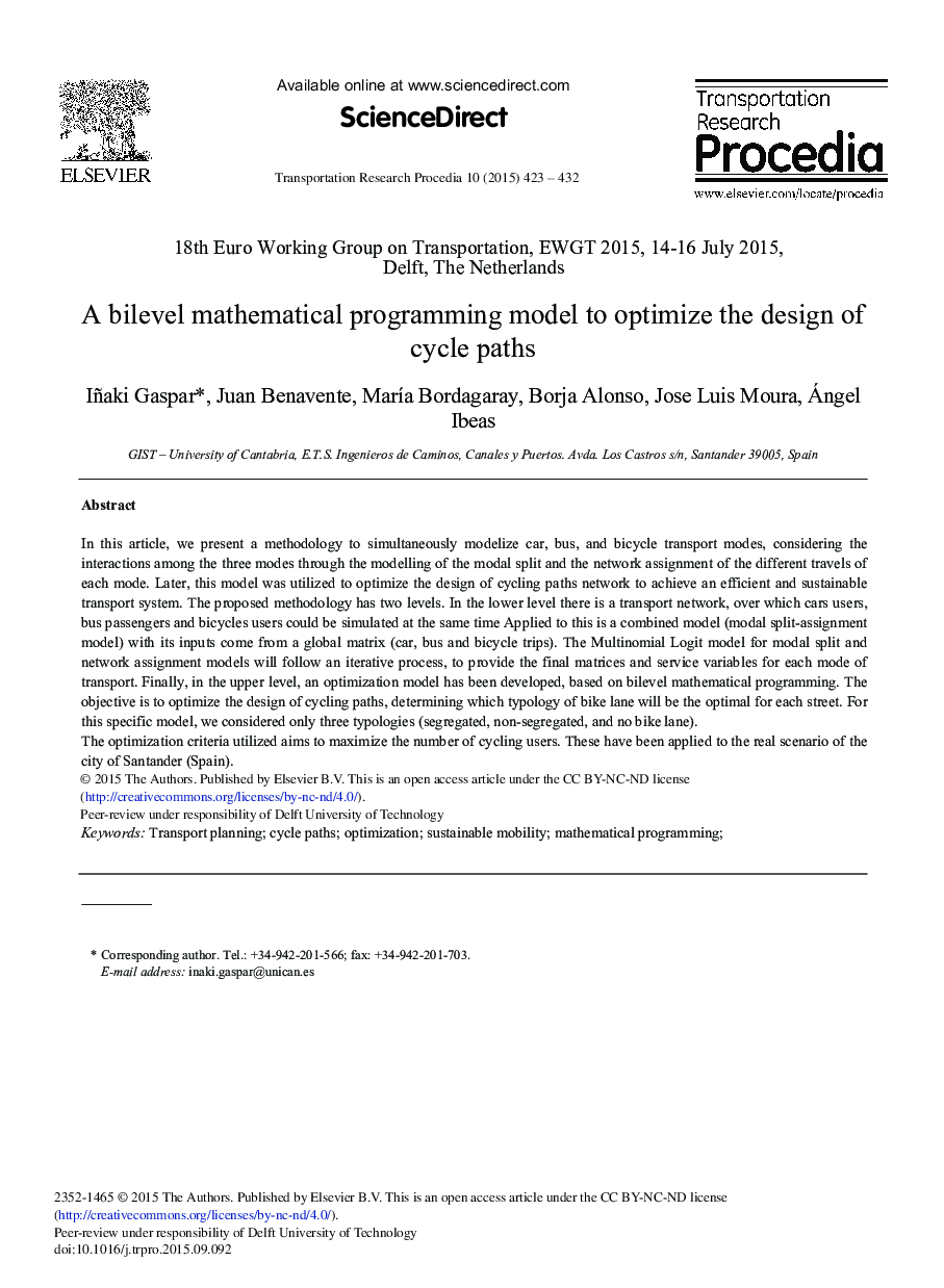 A Bilevel Mathematical Programming Model to Optimize the Design of Cycle Paths 