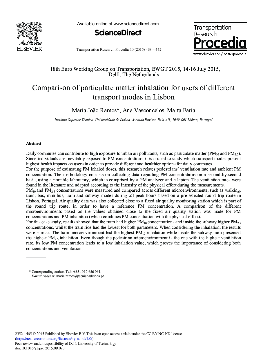 Comparison of Particulate Matter Inhalation for Users of Different Transport Modes in Lisbon 