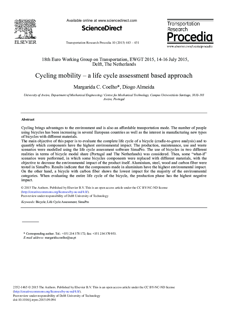 Cycling Mobility – A Life Cycle Assessment Based Approach 