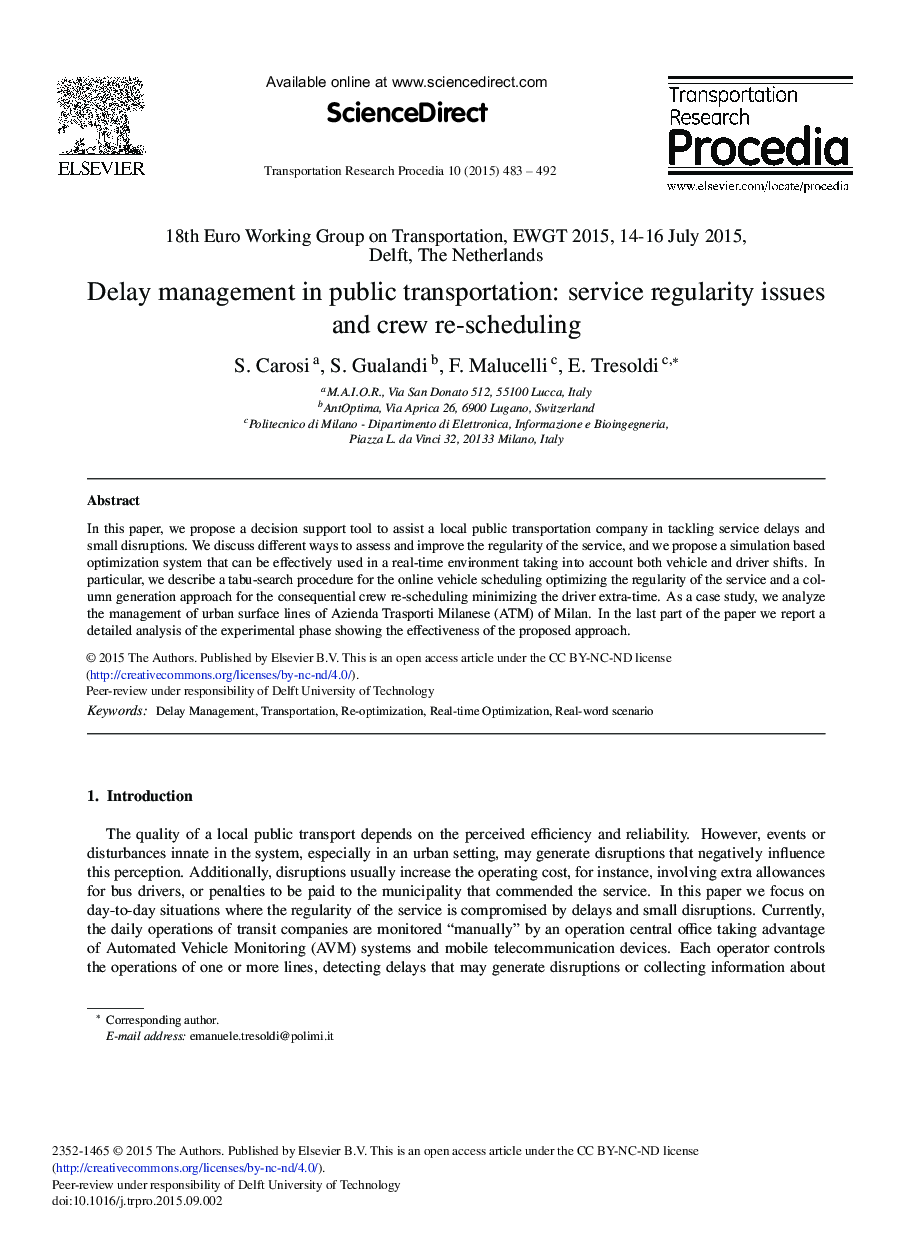 Delay Management in Public Transportation: Service Regularity Issues and Crew Re-scheduling 