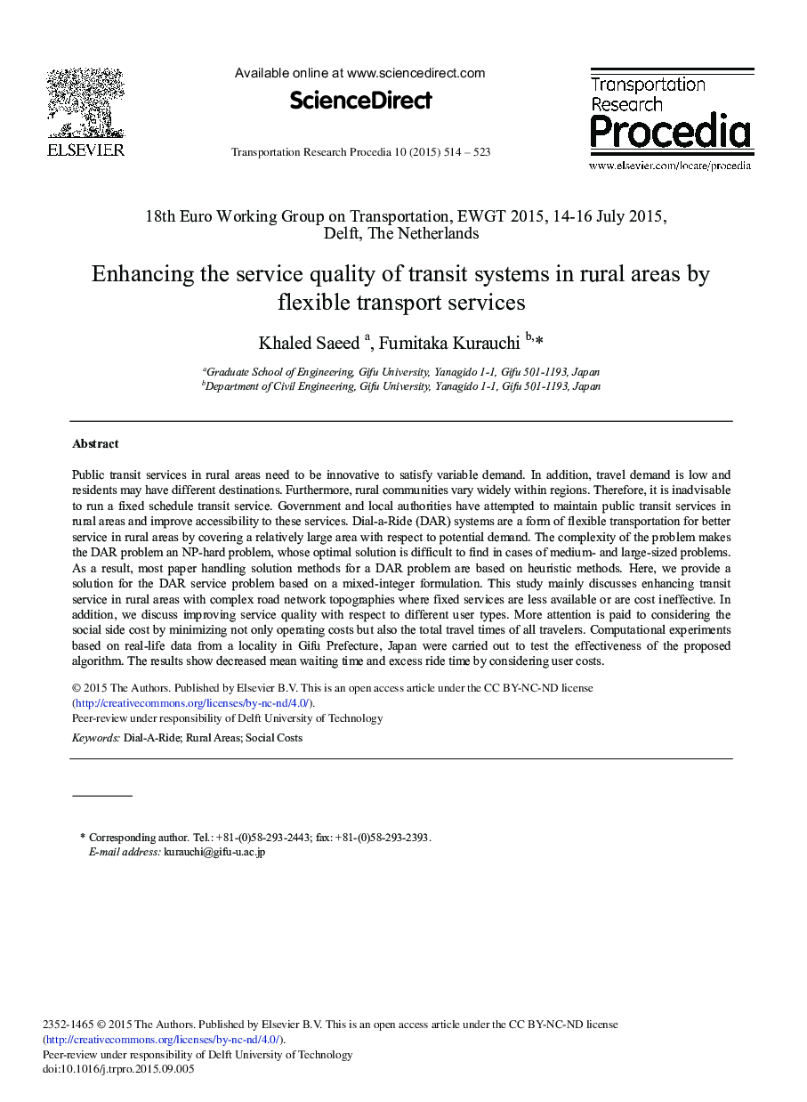 Enhancing the Service Quality of Transit Systems in Rural Areas by Flexible Transport Services 