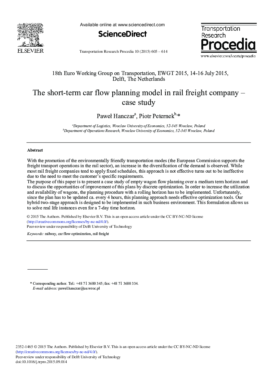 The Short-term Car Flow Planning Model in Rail Freight Company – Case Study 