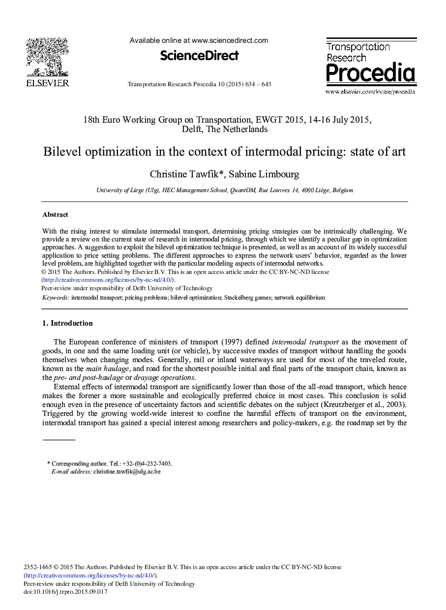 Bilevel Optimization in the Context of Intermodal Pricing: State of Art 