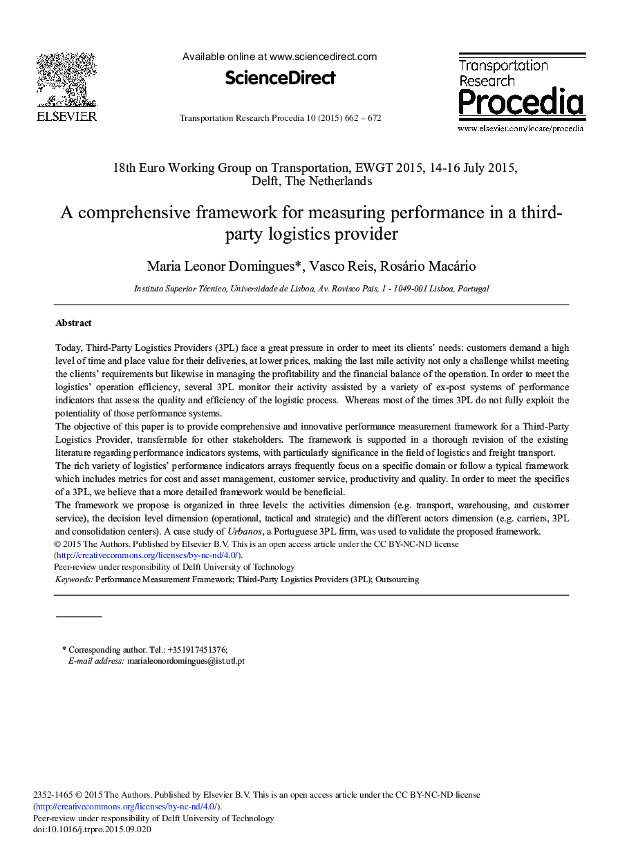 A Comprehensive Framework for Measuring Performance in a Third-party Logistics Provider 