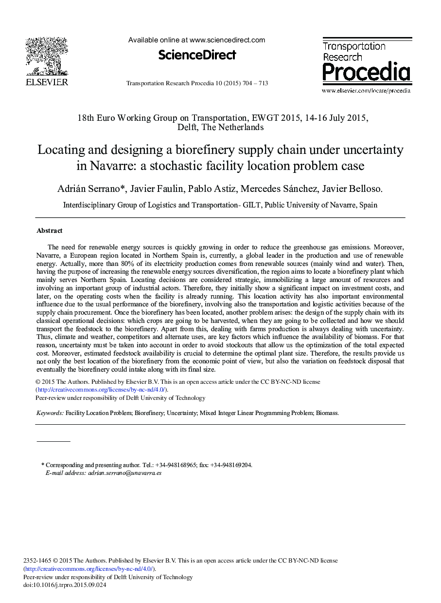 Locating and Designing a Biorefinery Supply Chain under Uncertainty in Navarre: A Stochastic Facility Location Problem Case 