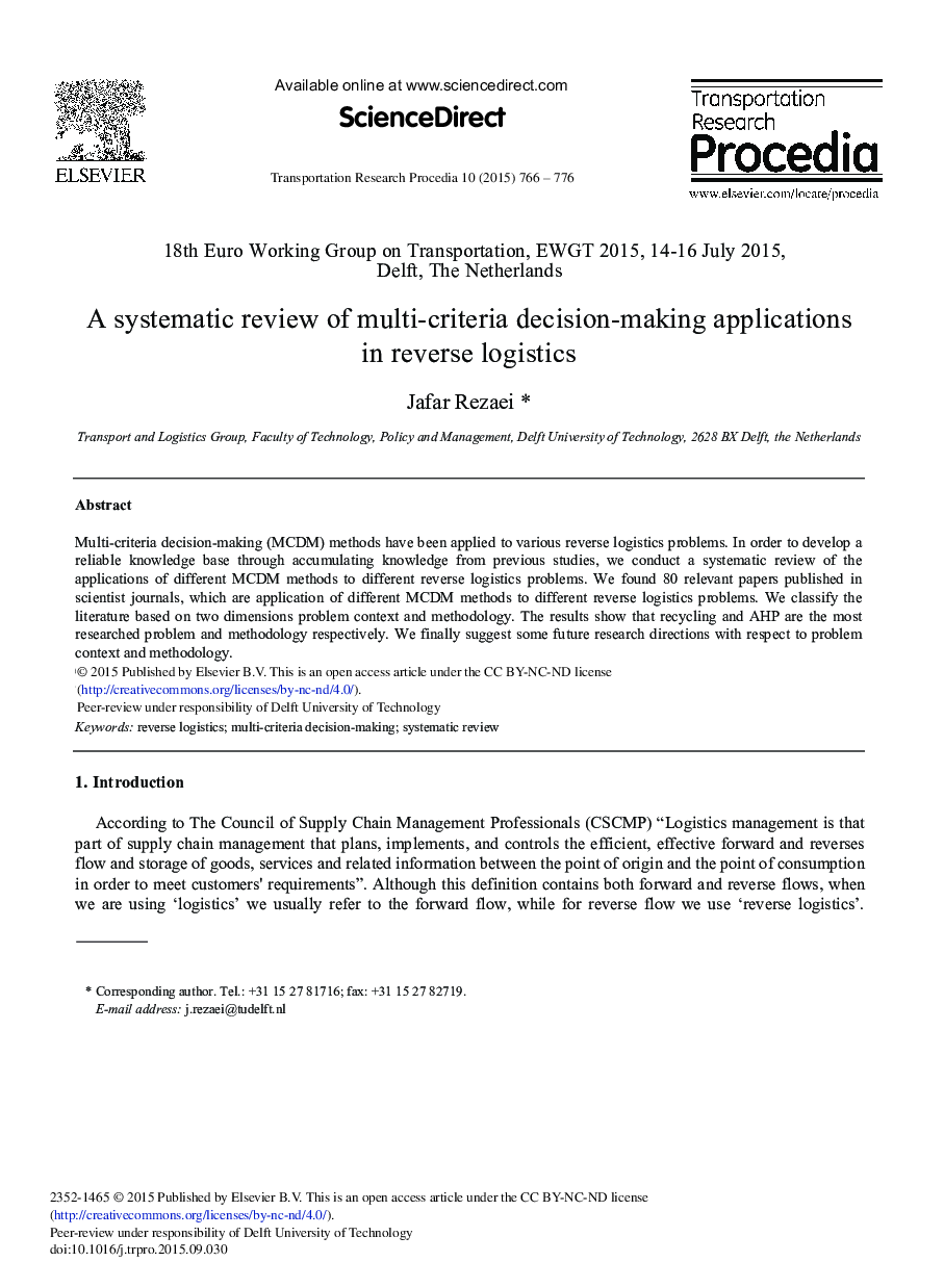 A Systematic Review of Multi-criteria Decision-making Applications in Reverse Logistics 