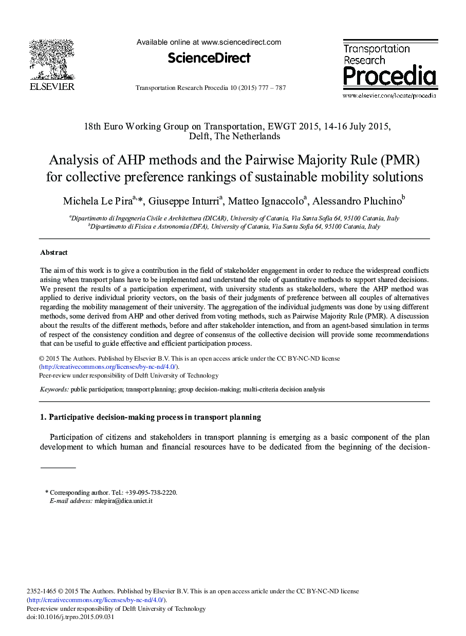 Analysis of AHP Methods and the Pairwise Majority Rule (PMR) for Collective Preference Rankings of Sustainable Mobility Solutions 