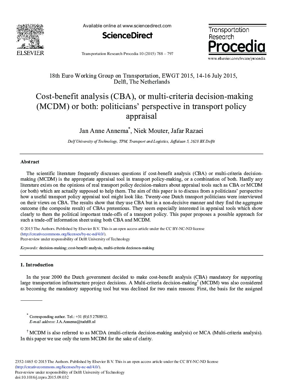 Cost-benefit Analysis (CBA), or Multi-criteria Decision-making (MCDM) or Both: Politicians’ Perspective in Transport Policy Appraisal 