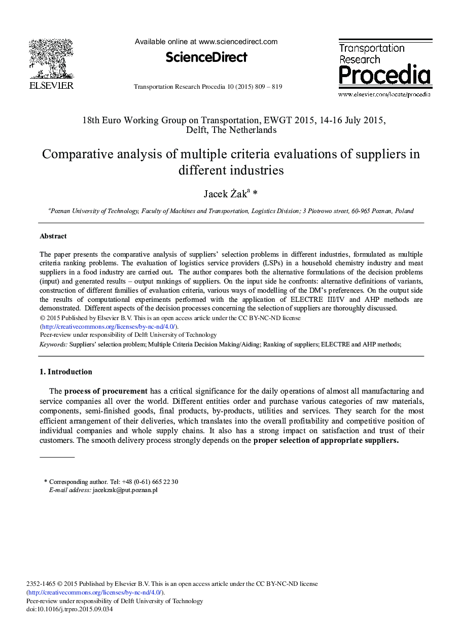 Comparative Analysis of Multiple Criteria Evaluations of Suppliers in Different Industries 