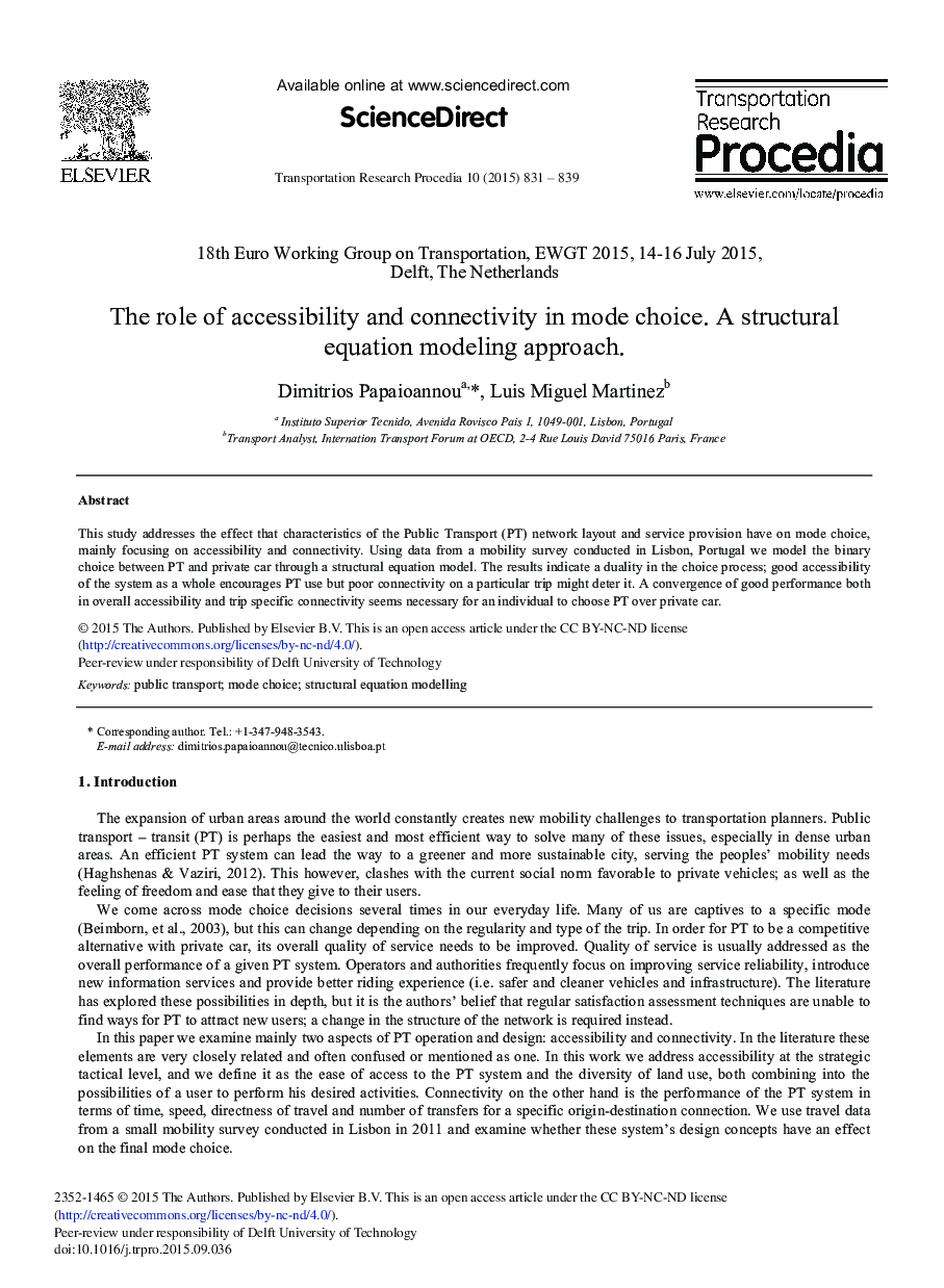 The Role of Accessibility and Connectivity in Mode Choice. A Structural Equation Modeling Approach 