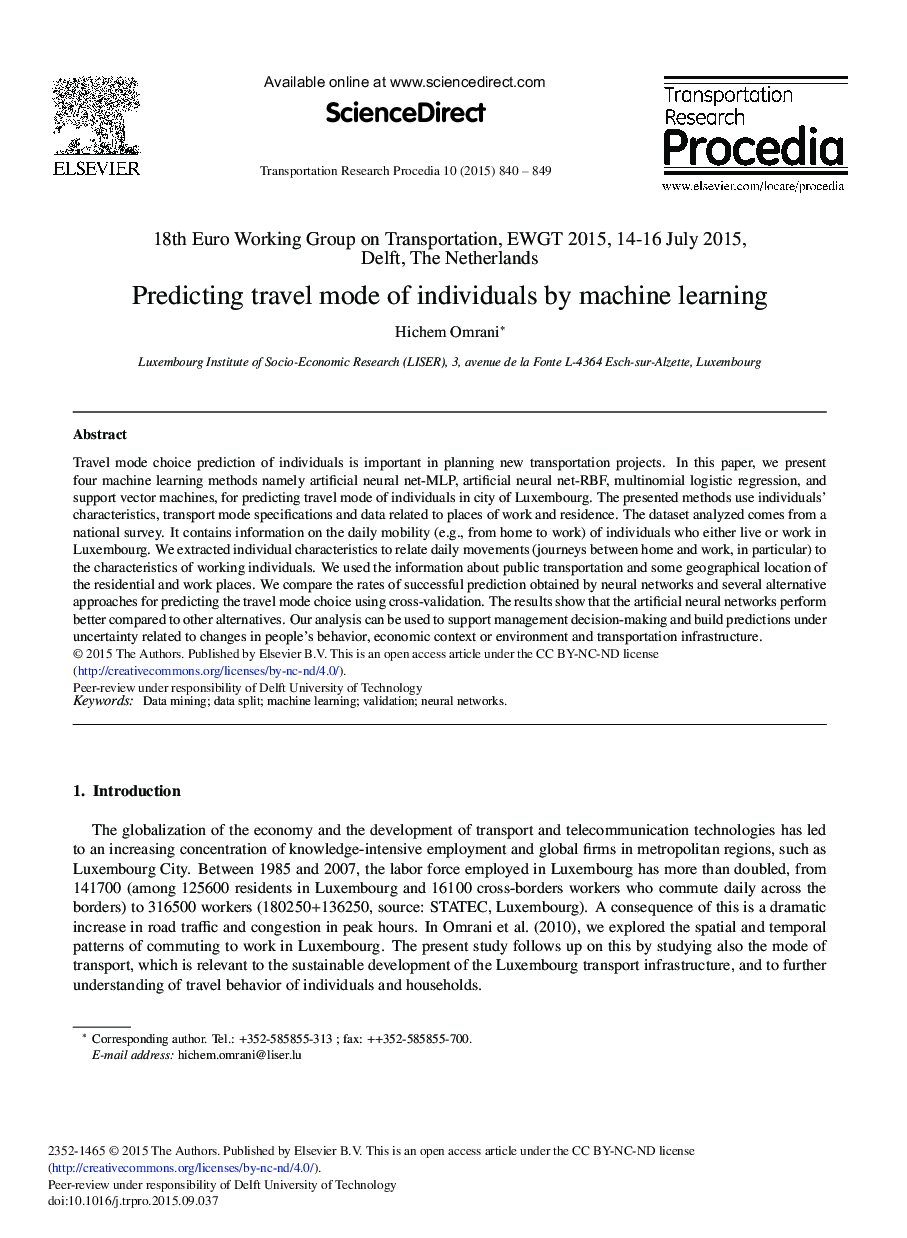 Predicting Travel Mode of Individuals by Machine Learning 