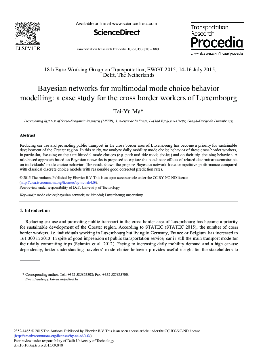 Bayesian Networks for Multimodal Mode Choice Behavior Modelling: A Case Study for the Cross Border Workers of Luxembourg 