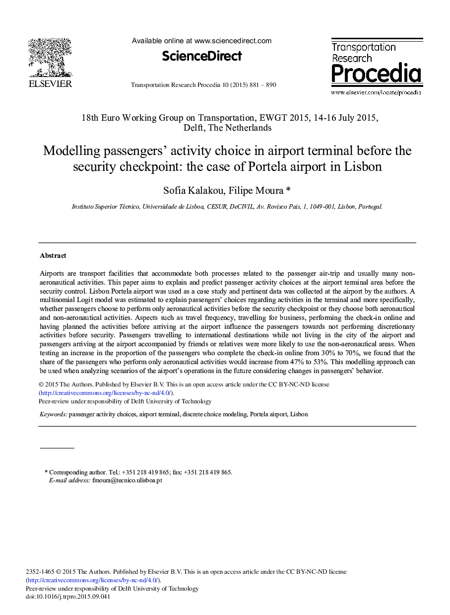 Modelling Passengers’ Activity Choice in Airport Terminal before the Security Checkpoint: The Case of Portela Airport in Lisbon 