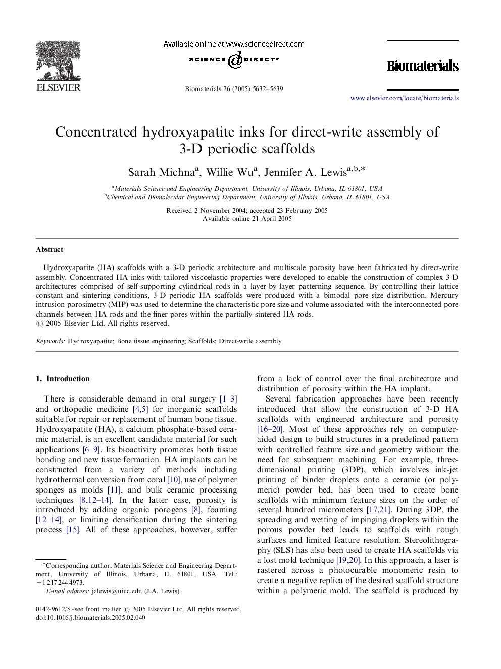 Concentrated hydroxyapatite inks for direct-write assembly of 3-D periodic scaffolds