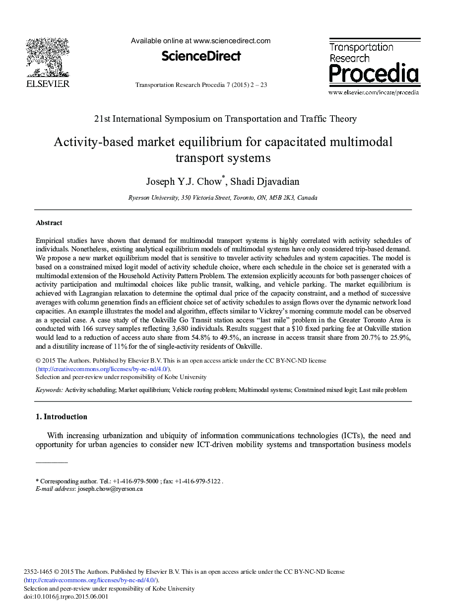 Activity-based Market Equilibrium for Capacitated Multimodal Transport Systems 