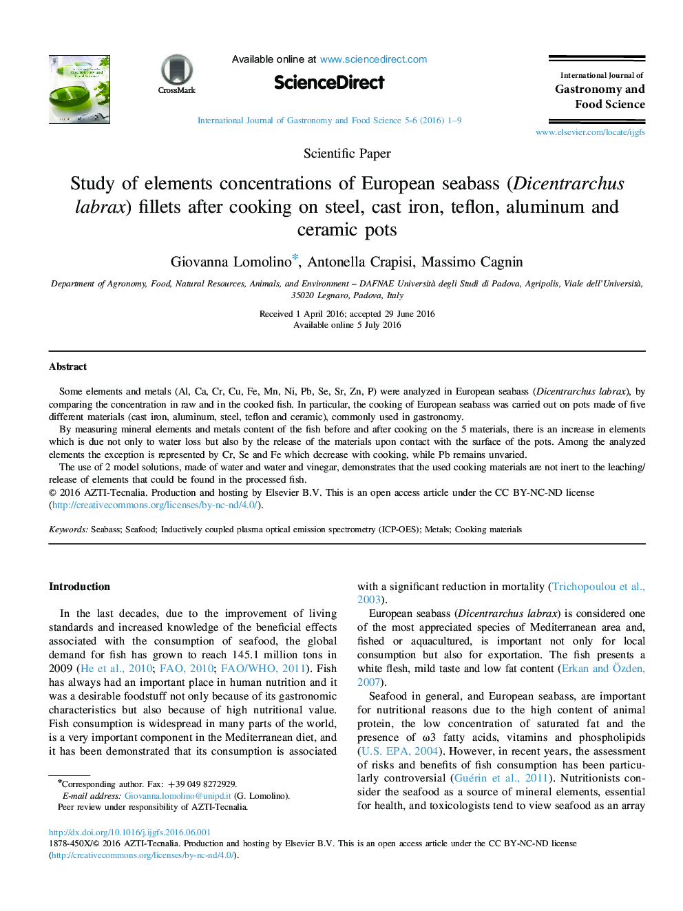 Study of elements concentrations of European seabass (Dicentrarchus labrax) fillets after cooking on steel, cast iron, teflon, aluminum and ceramic pots 