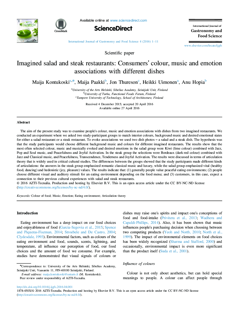 Imagined salad and steak restaurants: Consumers’ colour, music and emotion associations with different dishes 