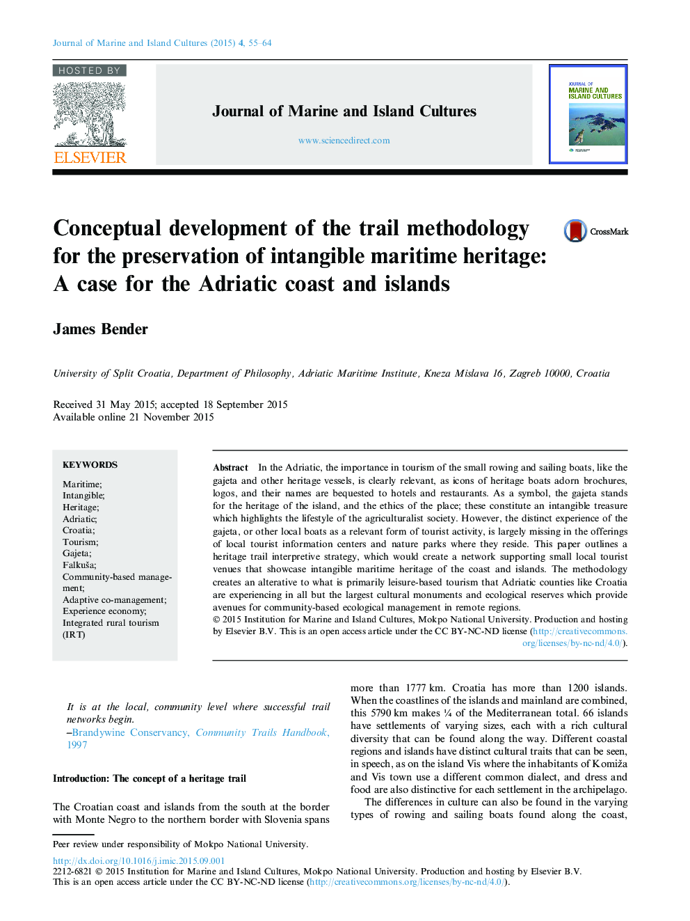 Conceptual development of the trail methodology for the preservation of intangible maritime heritage: A case for the Adriatic coast and islands 