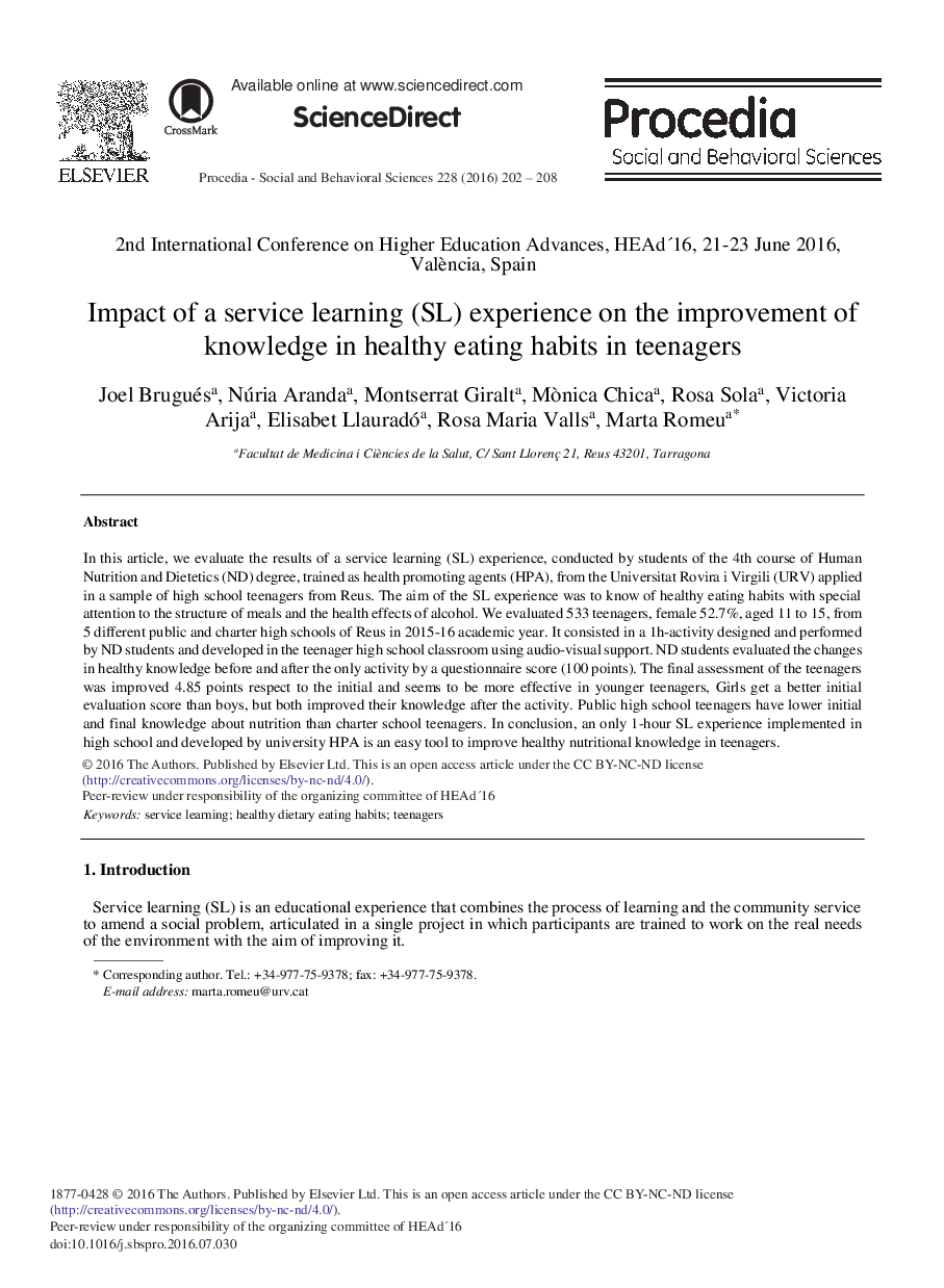 Impact of a Service Learning (SL) Experience on the Improvement of Knowledge in Healthy Eating Habits in Teenagers 