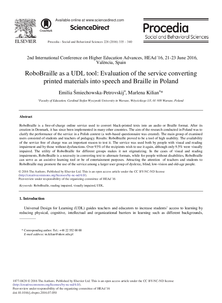 RoboBraille as a UDL Tool: Evaluation of the Service Converting Printed Materials into Speech and Braille in Poland 