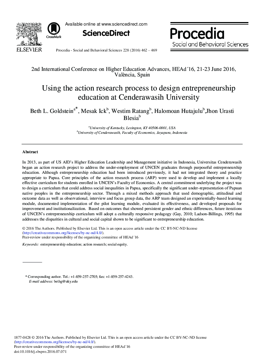 Using the Action Research Process to Design Entrepreneurship Education at Cenderawasih University 