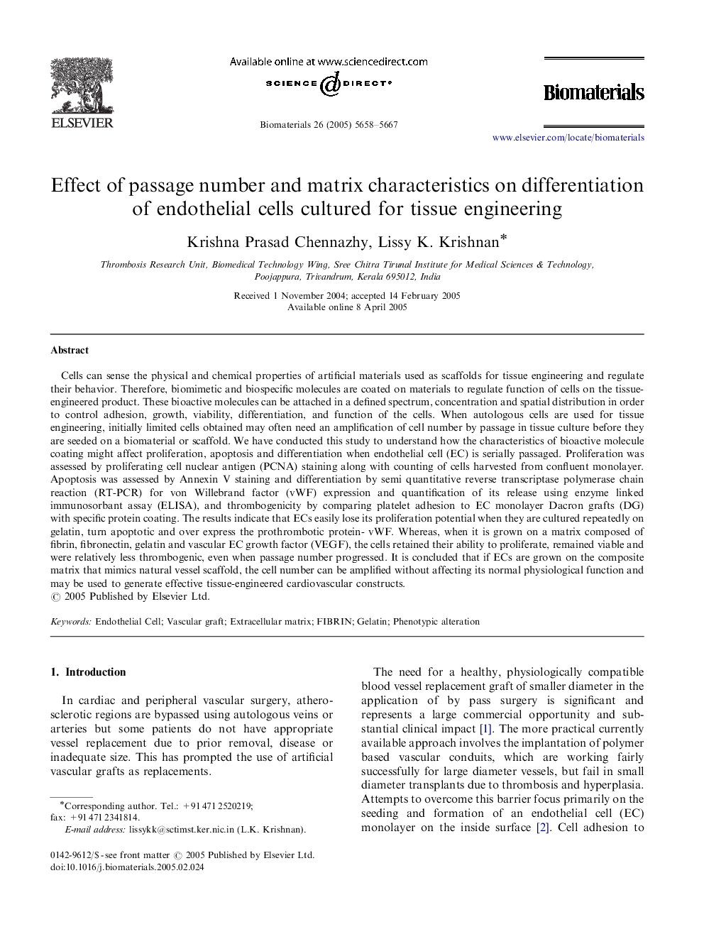 Effect of passage number and matrix characteristics on differentiation of endothelial cells cultured for tissue engineering