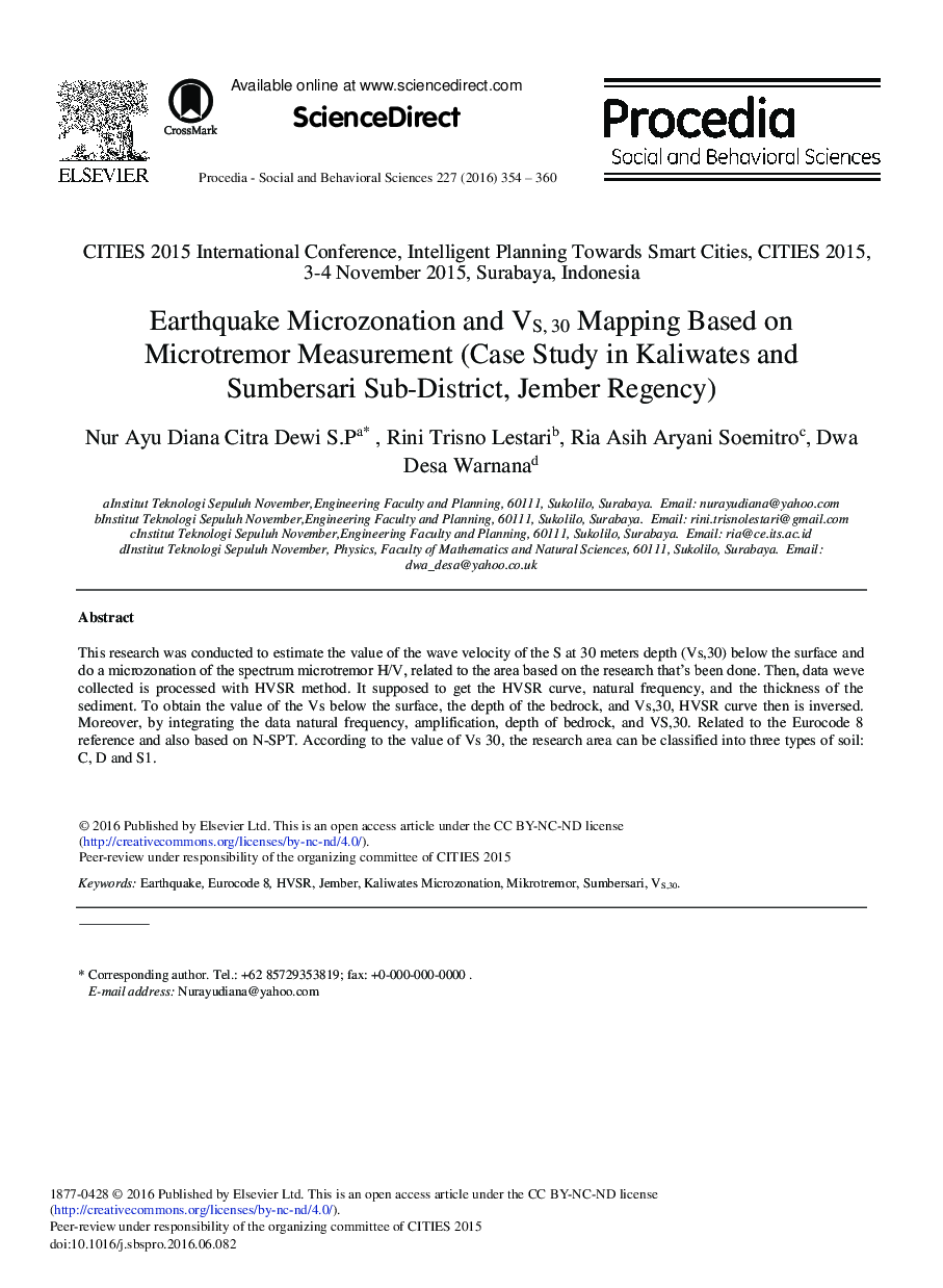 Earthquake Microzonation and VS, 30 Mapping Based on Microtremor Measurement (Case Study in Kaliwates and Sumbersari Sub-District, Jember Regency) 