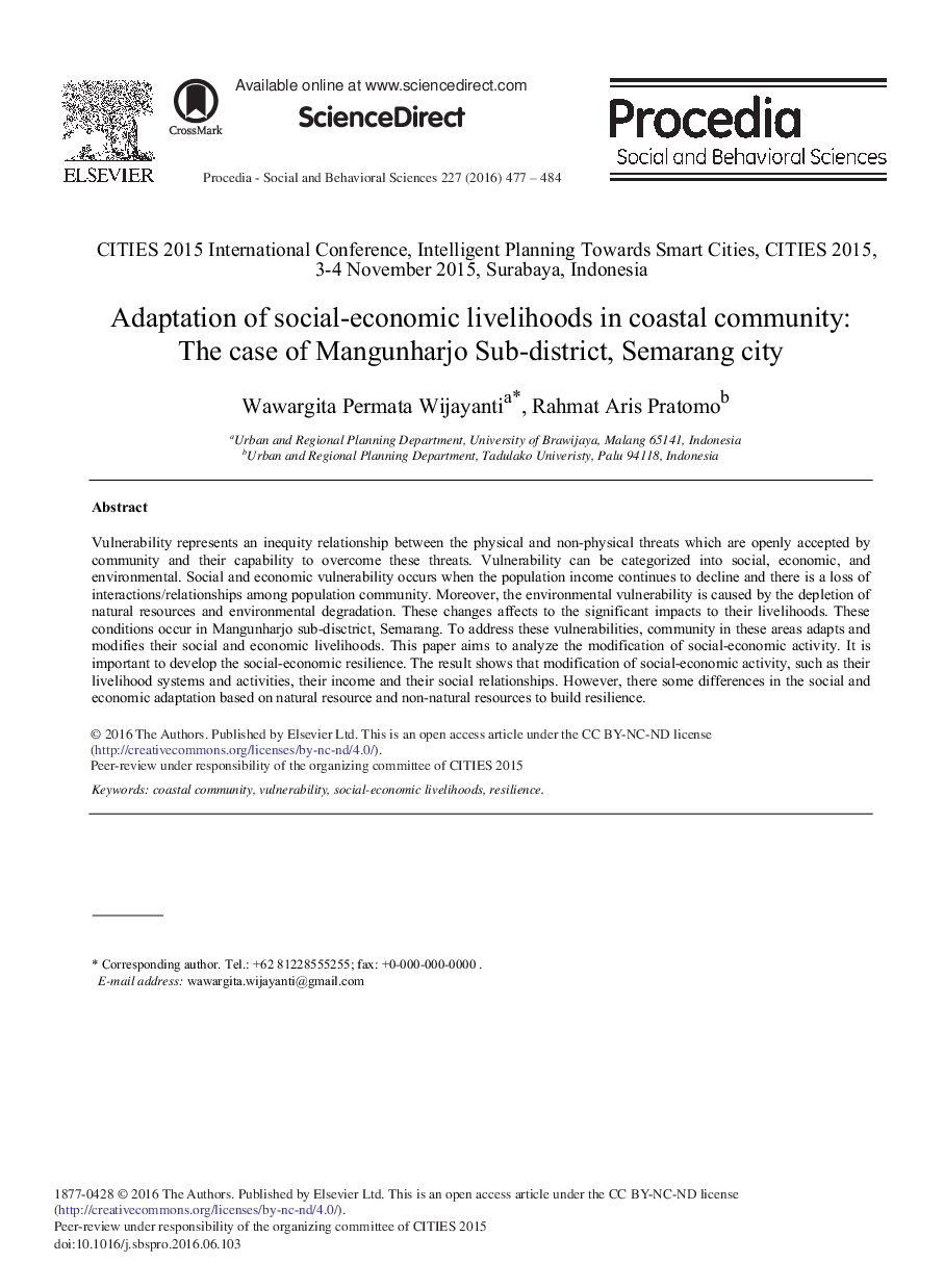 Adaptation of Social-economic Livelihoods in Coastal Community: The Case of Mangunharjo Sub-District, Semarang City 