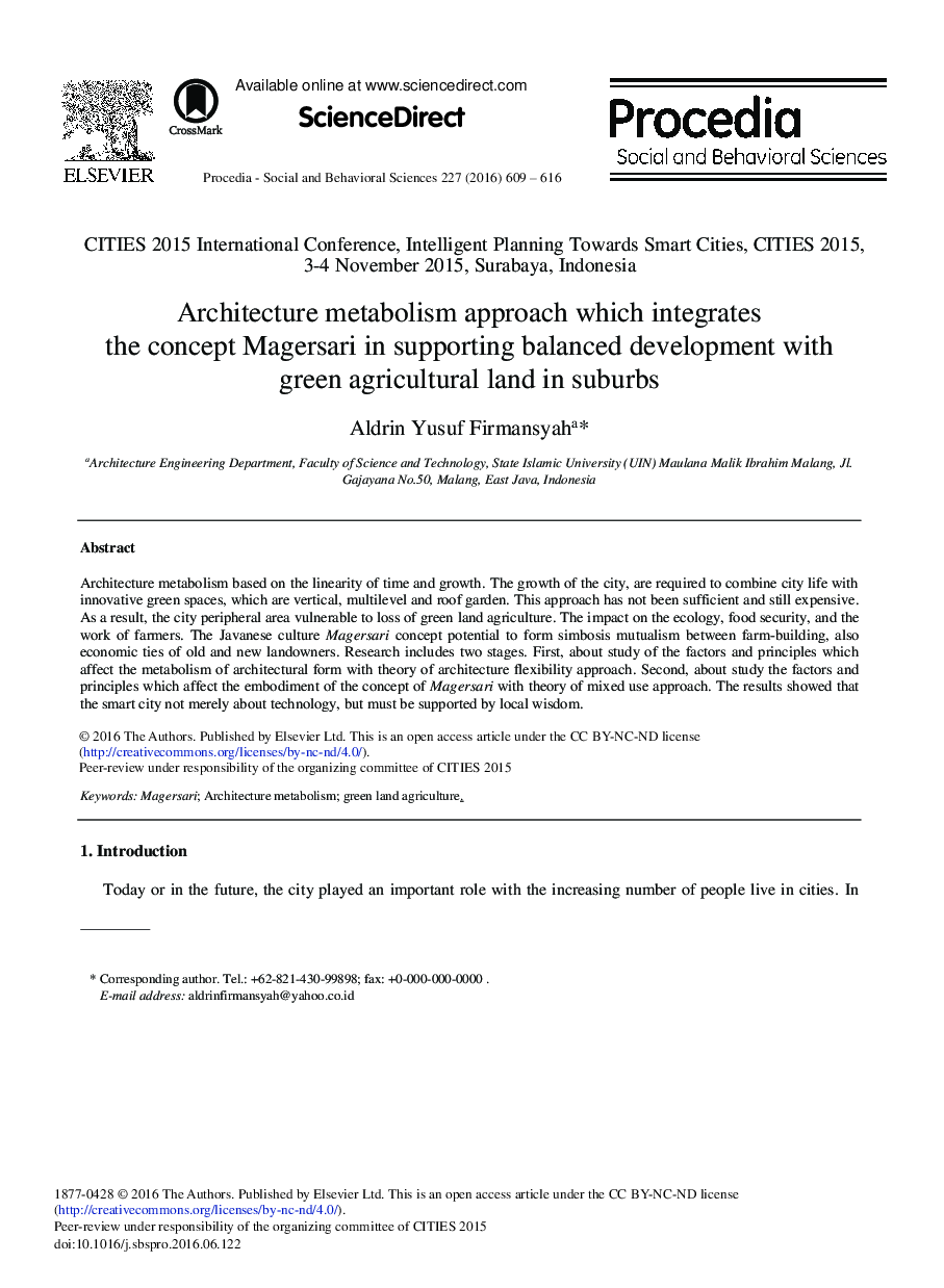 Architecture Metabolism Approach Which Integrates the Concept Magersari in Supporting Balanced Development with Green Agricultural Land in Suburbs 