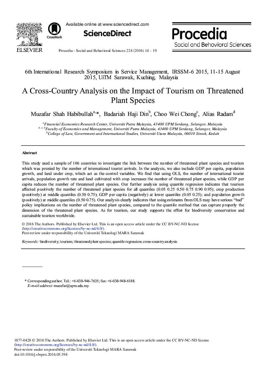 A Cross-Country Analysis on the Impact of Tourism on Threatened Plant Species 