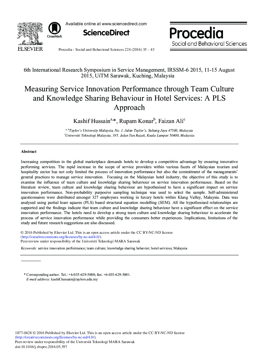 Measuring Service Innovation Performance through Team Culture and Knowledge Sharing Behaviour in Hotel Services: A PLS Approach 