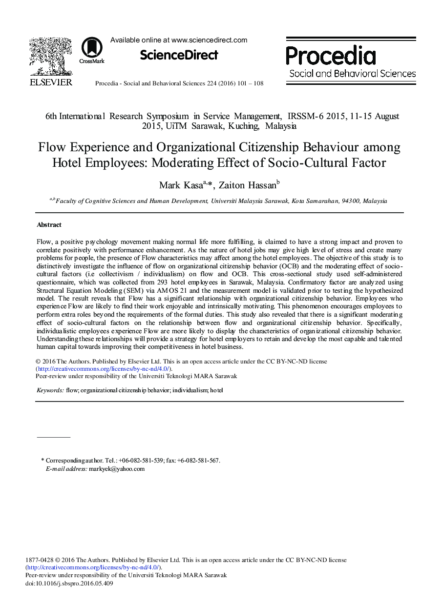 Flow Experience and Organizational Citizenship Behaviour among Hotel Employees: Moderating Effect of Socio-Cultural Factor 