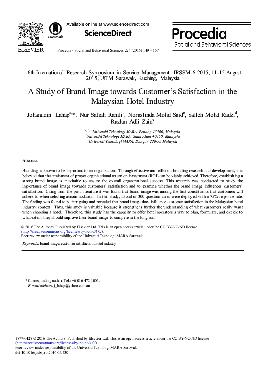 A Study of Brand Image towards Customer's Satisfaction in the Malaysian Hotel Industry 