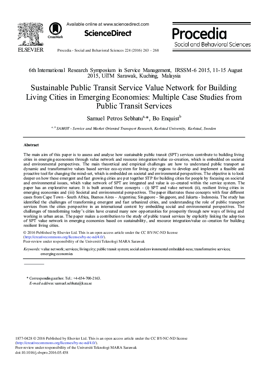 Sustainable Public Transit Service Value Network for Building Living Cities in Emerging Economies: Multiple Case Studies from Public Transit Services 