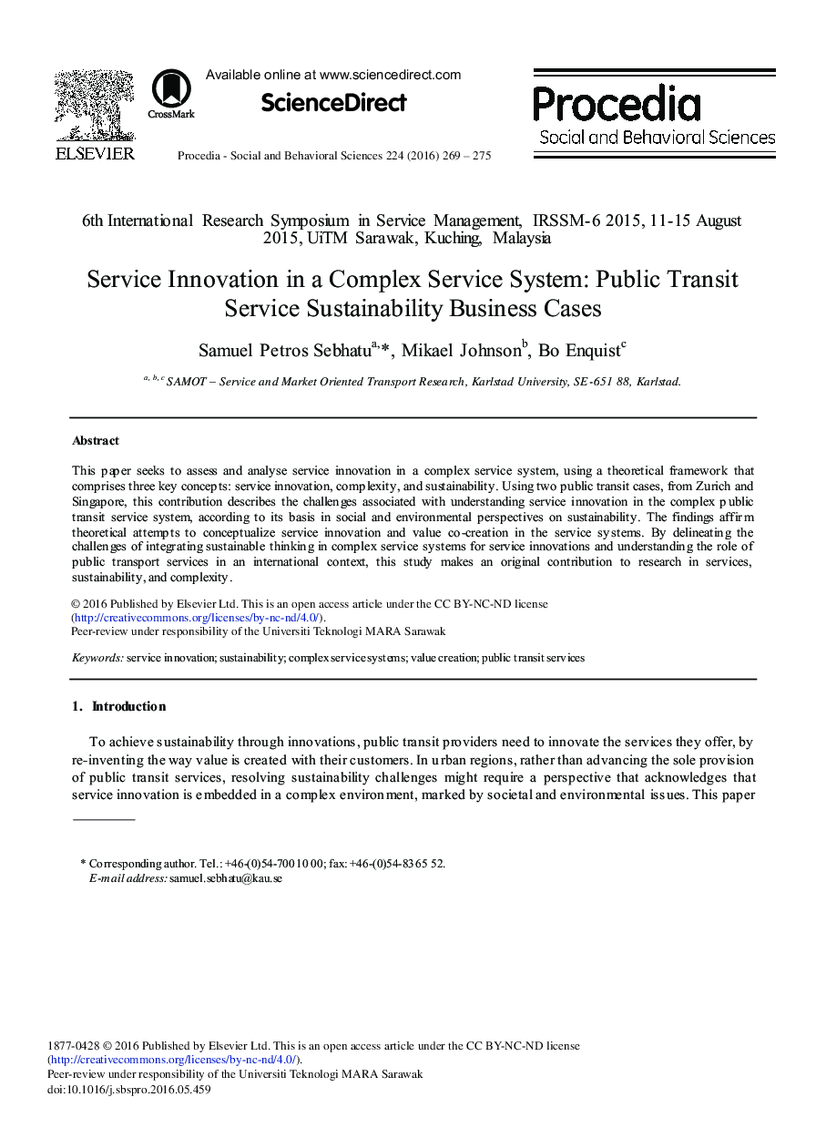 Service Innovation in a Complex Service System: Public Transit Service Sustainability Business Cases 