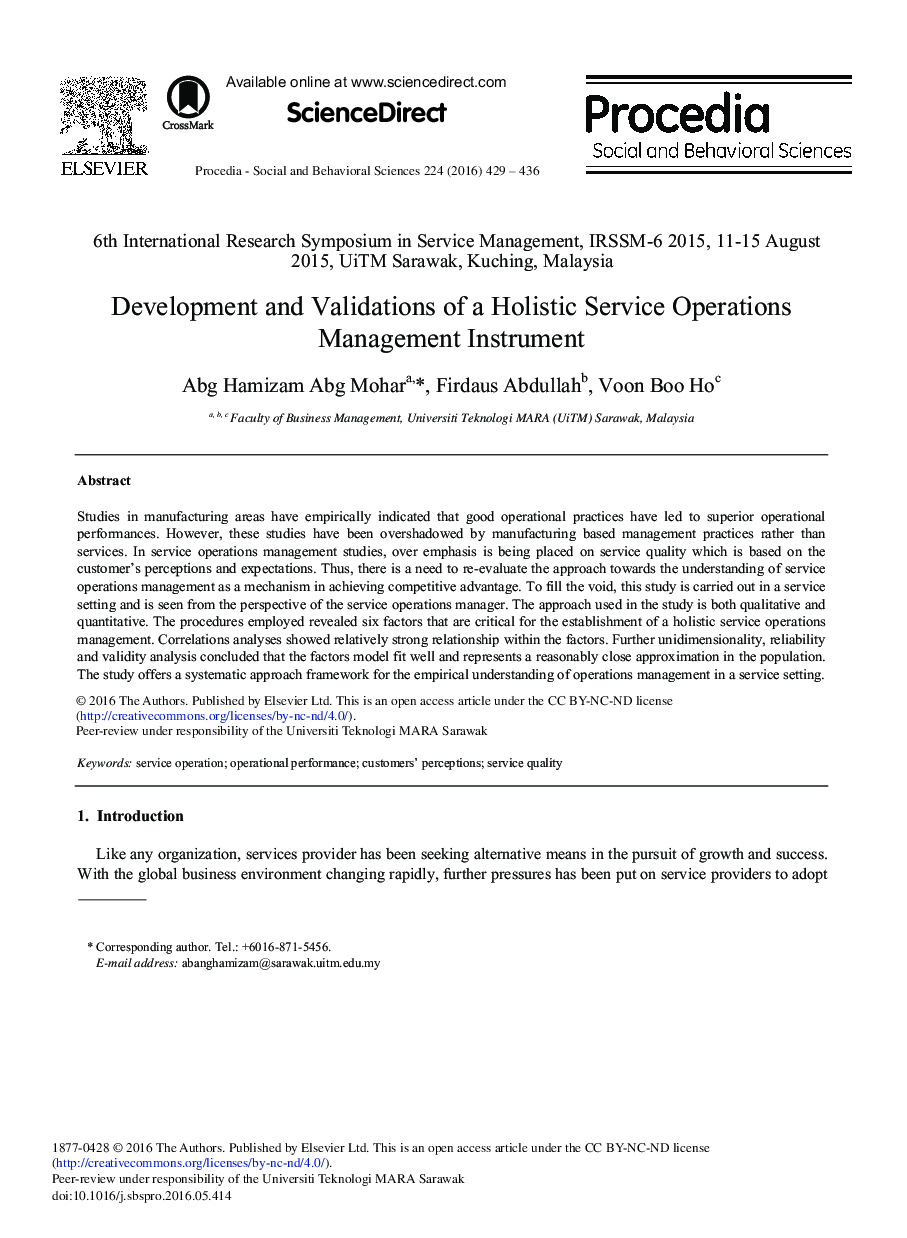 Development and Validations of a Holistic Service Operations Management Instrument 