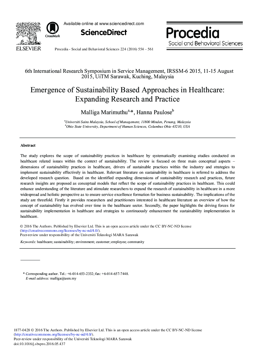 Emergence of Sustainability Based Approaches in Healthcare: Expanding Research and Practice 