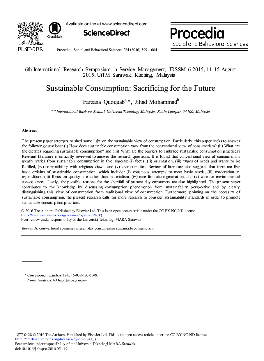 Sustainable Consumption: Sacrificing for the Future 