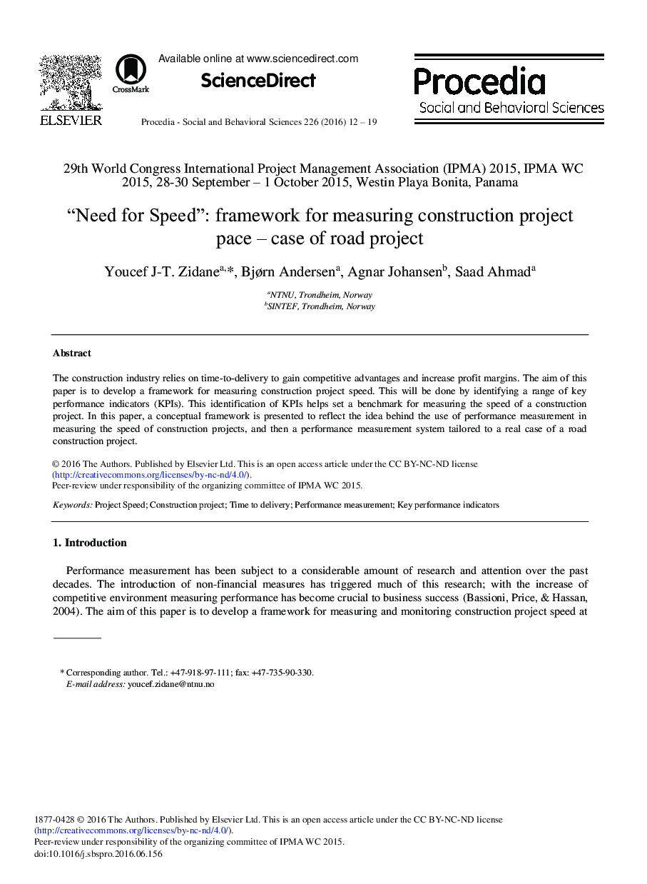 “Need for Speed”: Framework for Measuring Construction Project Pace – Case of Road Project 