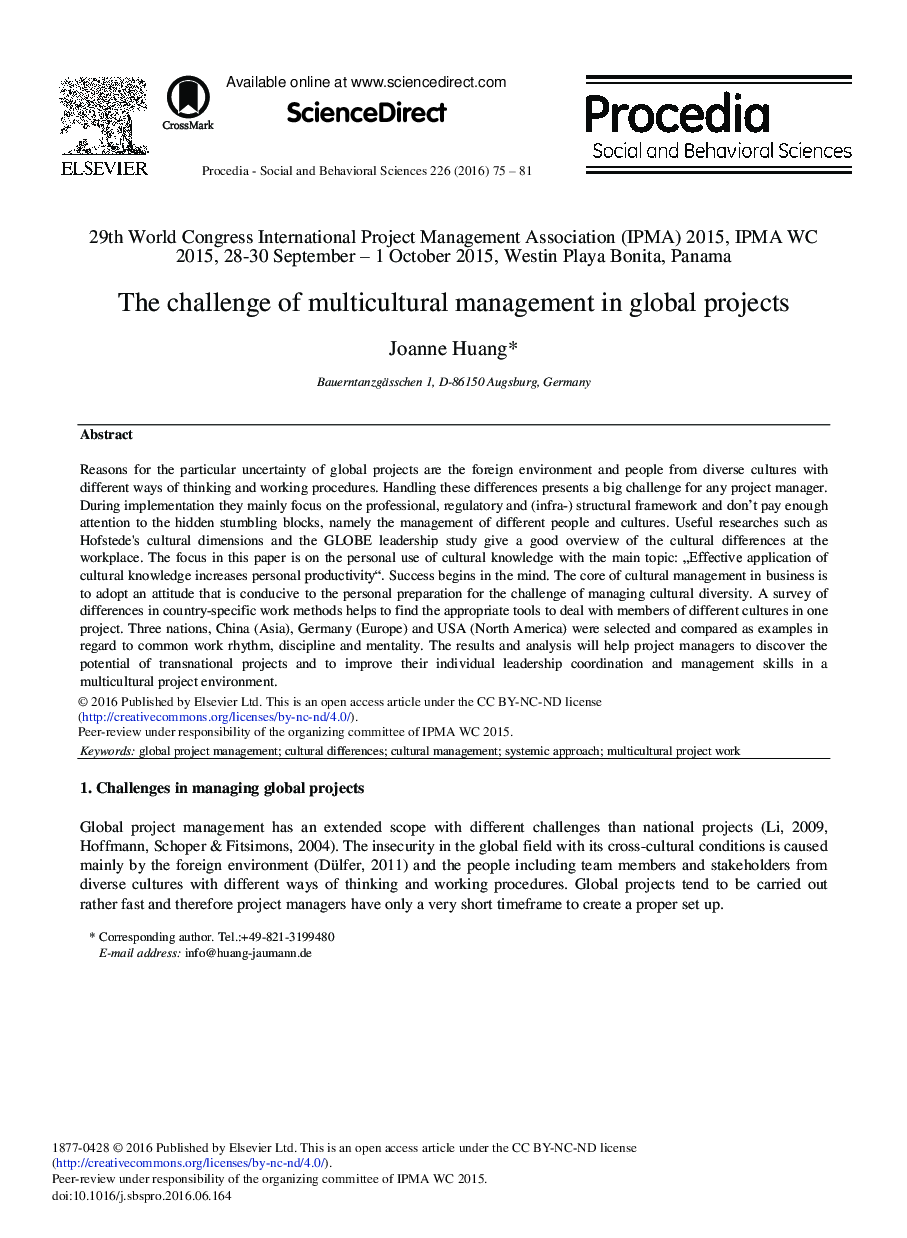 The Challenge of Multicultural Management in Global Projects 