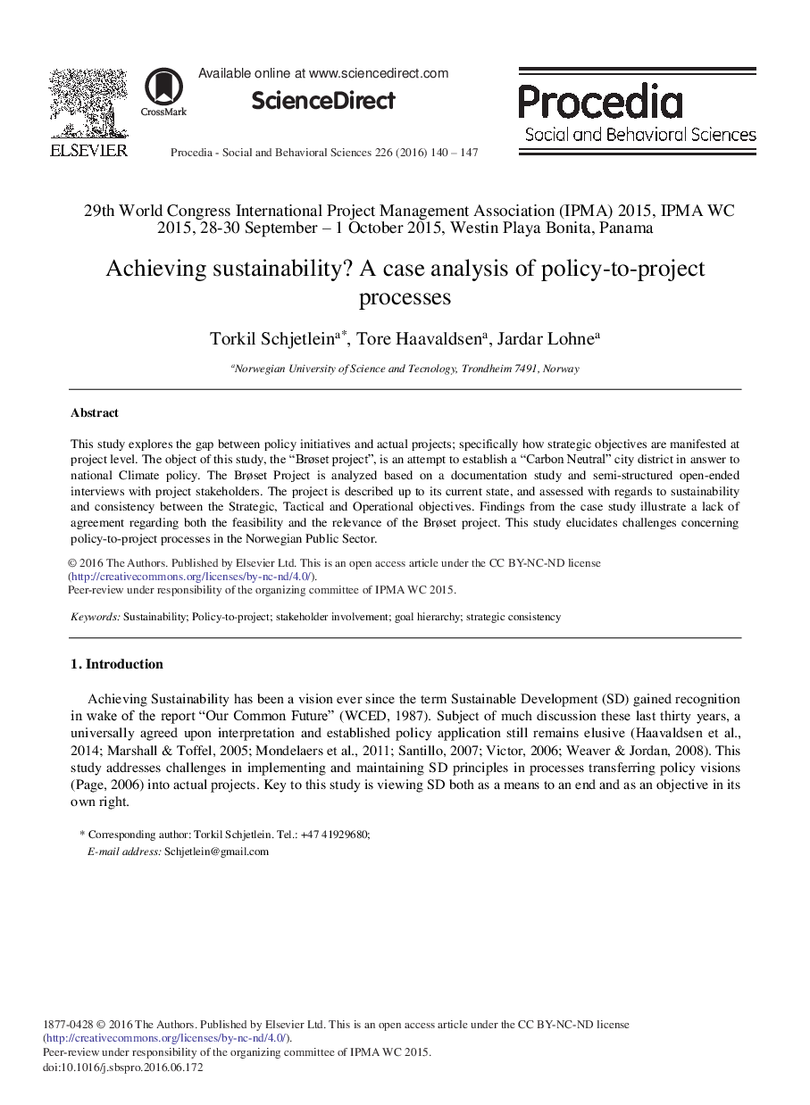 Achieving Sustainability? A Case Analysis of Policy-to-Project Processes 