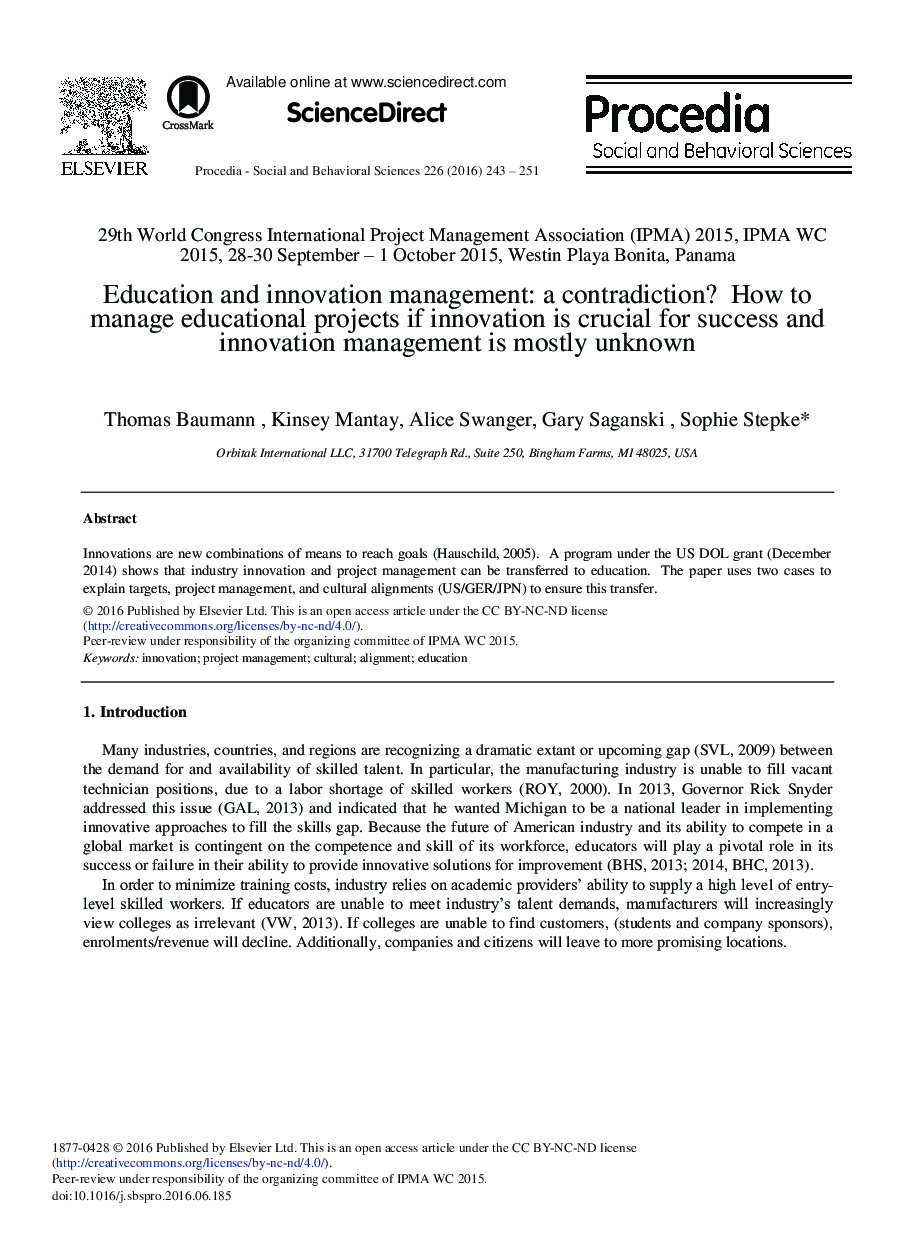 Education and Innovation Management: A Contradiction? How to Manage Educational Projects if Innovation is Crucial for Success and Innovation Management is Mostly Unknown 