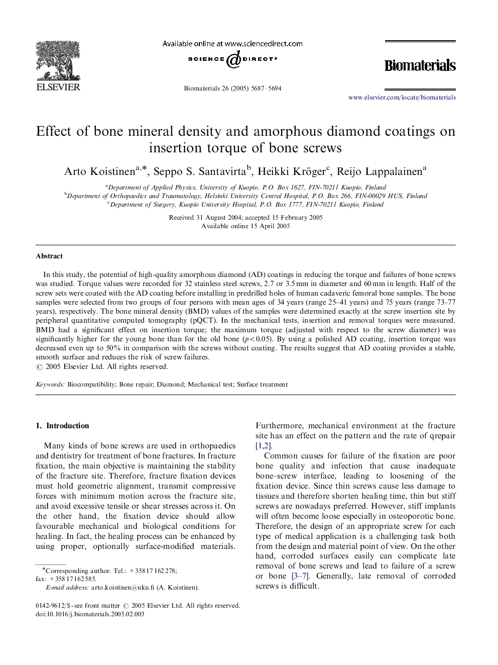 Effect of bone mineral density and amorphous diamond coatings on insertion torque of bone screws