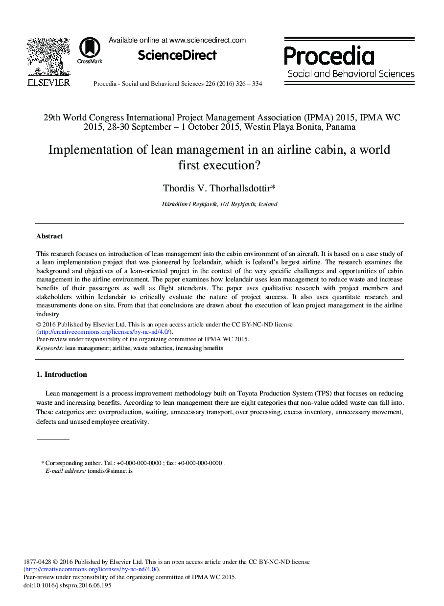 Implementation of Lean Management in an Airline Cabin, a World First Execution? 