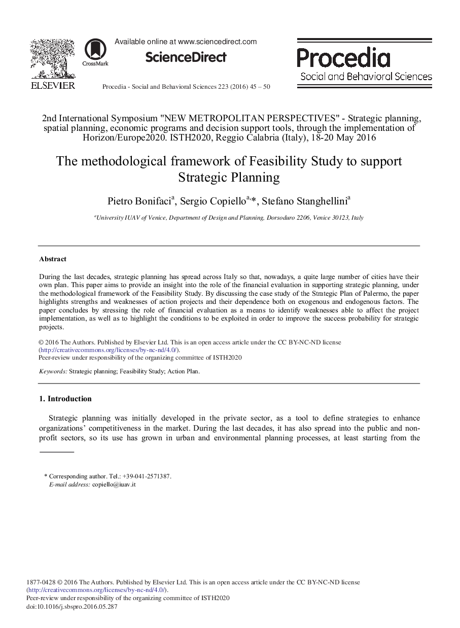 The Methodological Framework of Feasibility Study to Support Strategic Planning 