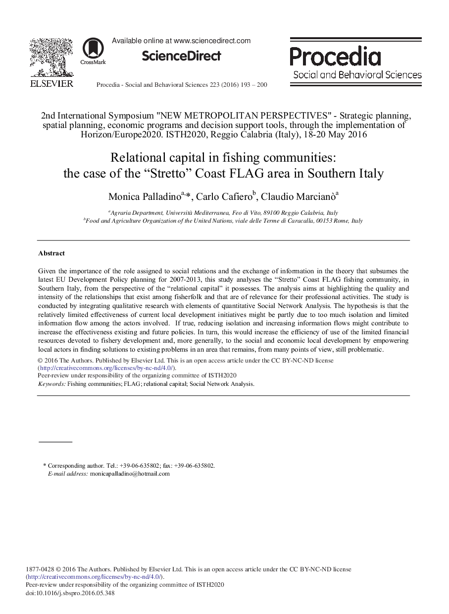 رابطه سرمایه در جوامع ماهیگیری: مورد از "Stretto" پرچم ساحلی منطقه ایی در جنوب ایتالیا